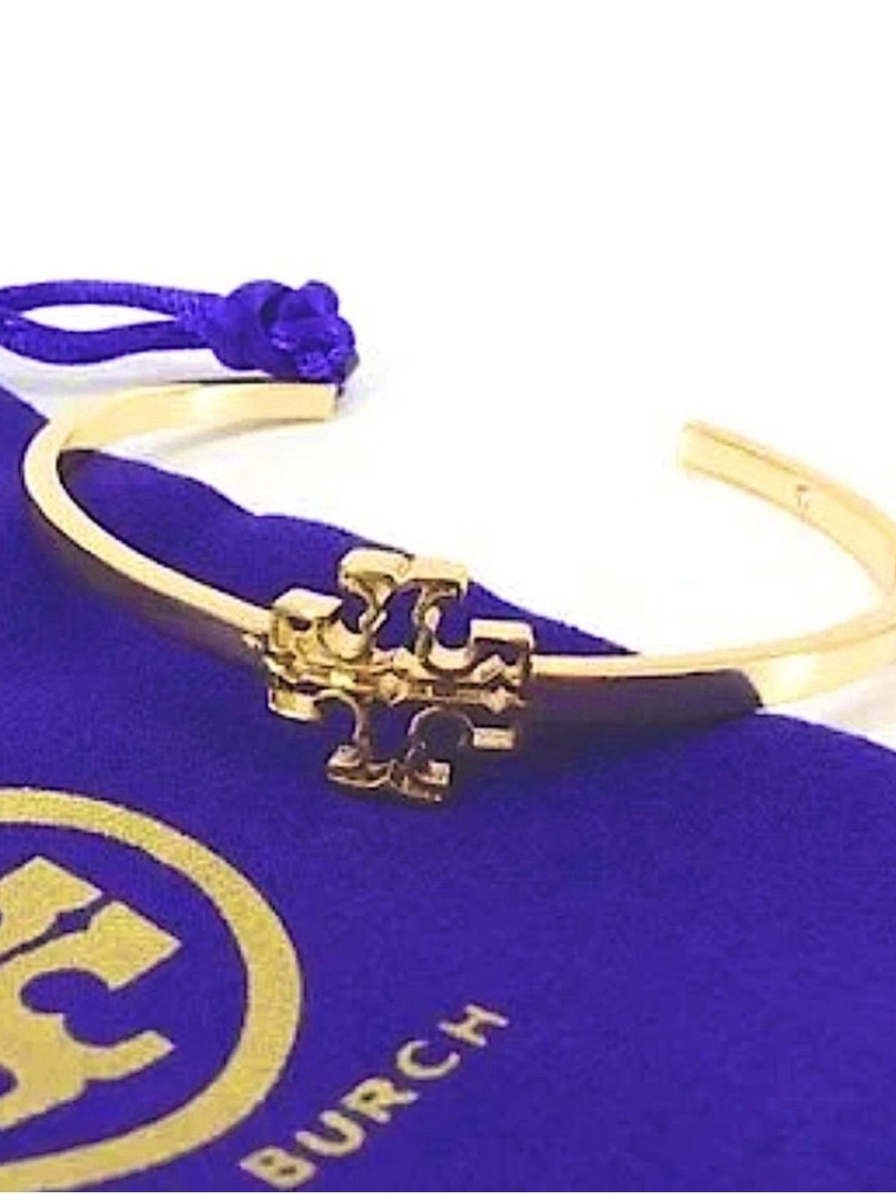 Tory Burch Gold Logo Open Cuff Bracelet with Royal Blue Pouch